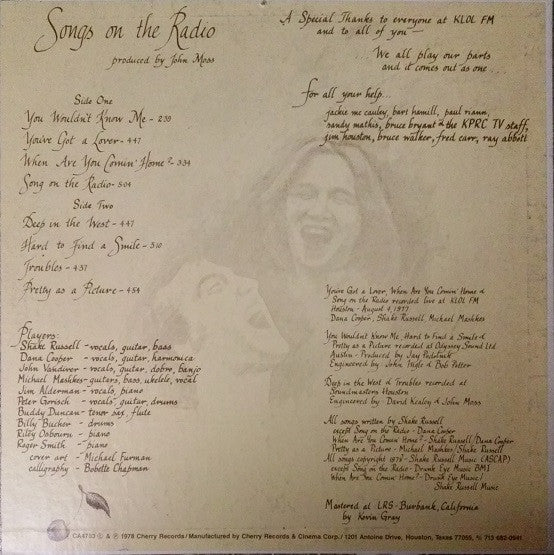 Shake Russell With Dana Cooper - Songs On The Radio - Mint- LP Record 1978 Cherry USA Vinyl & Insert (Early Kevin Gray Master) - Folk / Folk Rock / Soft Rock - Shuga Records