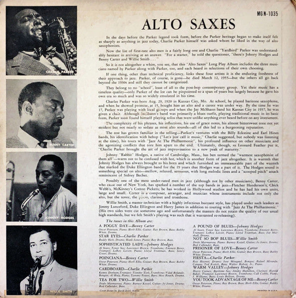 Benny Carter / Charlie Parker / Johnny Hodges / Willie Smith - Alto Sax - VG (VG- low grade cover) LP Record 1955 Norgran USA Original Vinyl - Jazz / Bop / Swing - Shuga Records