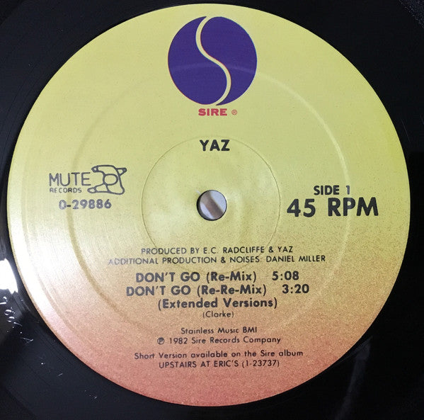 Yaz - Don't Go - Re-Mixes - Mint- 12" Single Record 1982 Sire Mute USA Vinyl - Synth-pop - Shuga Records