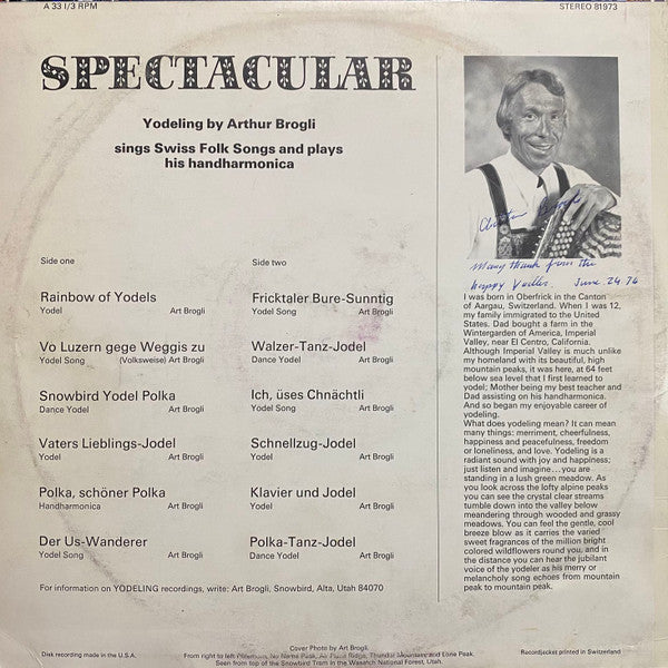 Arthur Brogli - Spectacular - Yodeling By Arthur Brogli - Mint- LP 1973 Self Released USA Vinyl - Folk / Polka - Shuga Records