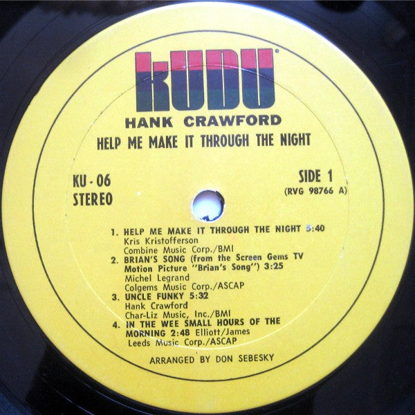 Hank Crawford – Help Me Make It Through The Night - VG+ LP Record 1972 Kudu USA Vinyl - Jazz / Jazz-Funk - Shuga Records