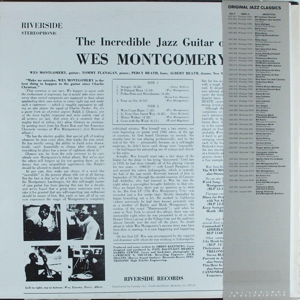 Wes Montgomery - The Incredible Jazz Guitar Of Wes Montgomery (1960) - VG+ LP Record 1982 Riverside Original Jazz Classics USA Vinyl & OBI - Jazz / Hard Bop - Shuga Records