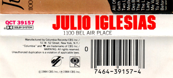 Julio Iglesias - 1100 Bel Air Place - New Cassette 1984 Sealed Columbia Tape - Latin / Pop - Shuga Records