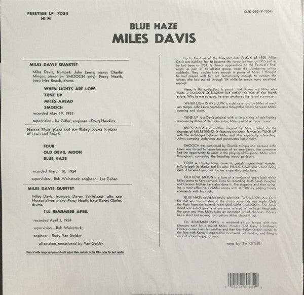 Miles Davis - Blue Haze (1954) - Mint- LP Record 2015 Prestige Original Jazz Classics USA Mono Vinyl - Jazz / Hard Bop - Shuga Records