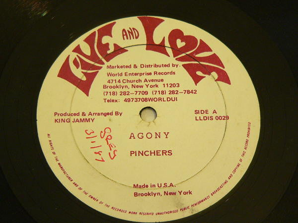Pinchers - Agony - VG+ 12" Single Record 1987 Live And Love USA Vinyl - Reggae / Dancehall