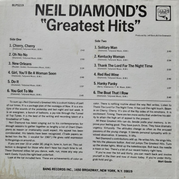 Neil Diamond - Just For You - VG+ LP Record 1967 Bang USA Stereo Original Press Vinyl - Pop Rock - Shuga Records