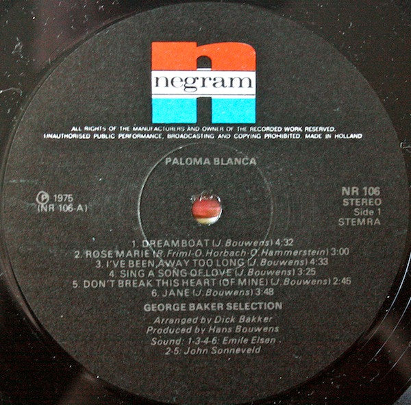 George Baker Selection - Paloma Blanca - VG+ LP Record 1975 Negram Netherlands Vinyl - Soft Rock / Pop Rock - Shuga Records