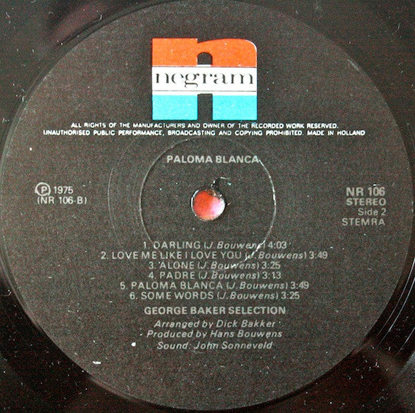 George Baker Selection - Paloma Blanca - VG+ LP Record 1975 Negram Netherlands Vinyl - Soft Rock / Pop Rock - Shuga Records