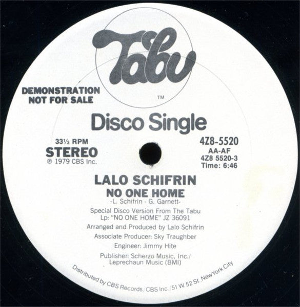 Lalo Schifrin - No One Home - VG+ 12" Single Record 1979 Tabu USA Promo Vinyl - Disco / Funk - Shuga Records