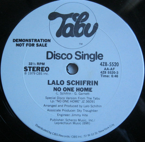 Lalo Schifrin - No One Home - VG+ 12" Single Record 1979 Tabu USA Promo Vinyl - Disco / Funk - Shuga Records