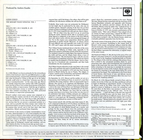 Glenn Gould  – The Mozart Piano Sonatas Vol. 1 (The Early Sonatas, Nos. 1-5)(1968) - VG+ LP Record 1970 Columbia Stereo USA Vinyl - Classical