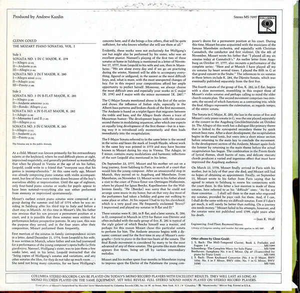 Glenn Gould  – The Mozart Piano Sonatas Vol. 1 (The Early Sonatas, Nos. 1-5)(1968) - VG+ LP Record 1970 Columbia Stereo USA Vinyl - Classical - Shuga Records