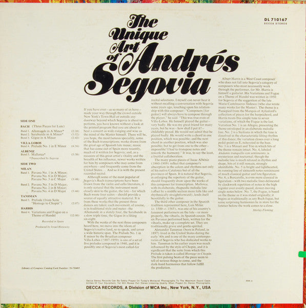 Andrés Segovia - The Unique Art Of Andrés Segovia - Mint- LP Record 1969 Decca USA Stereo Vinyl - Latin / Classical Guitar - Shuga Records