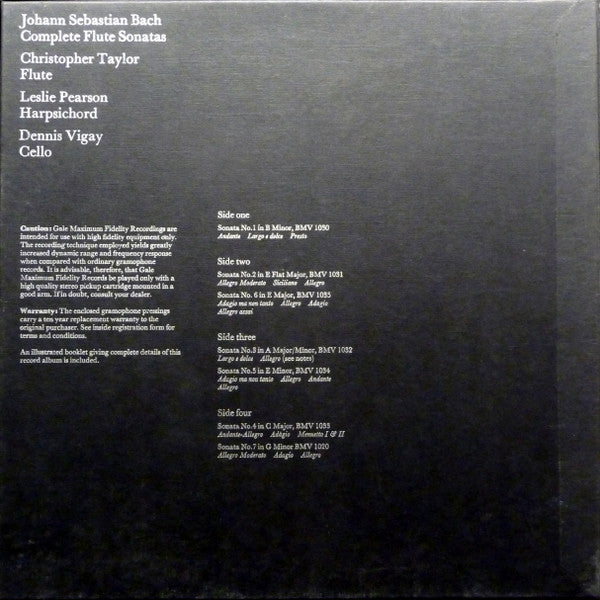Christopher Taylor / Leslie Pearson / Dennis Vigay - Bach - Complete Flute Sonatas - Mint- 2 LP Record Box Set 1977 Gale Maximum Fidelity Recording UK/Germany Vinyl & Inserts - Classical - Shuga Records