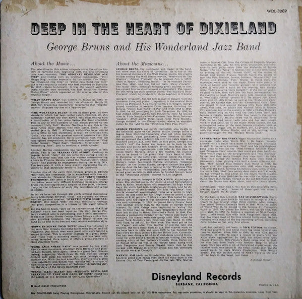 George Bruns And The Wonderland Jazz Band - Deep In The Heart Of Dixieland - VG LP Recor 1957 Disneyland USA Original Vinyl - Jazz - Shuga Records