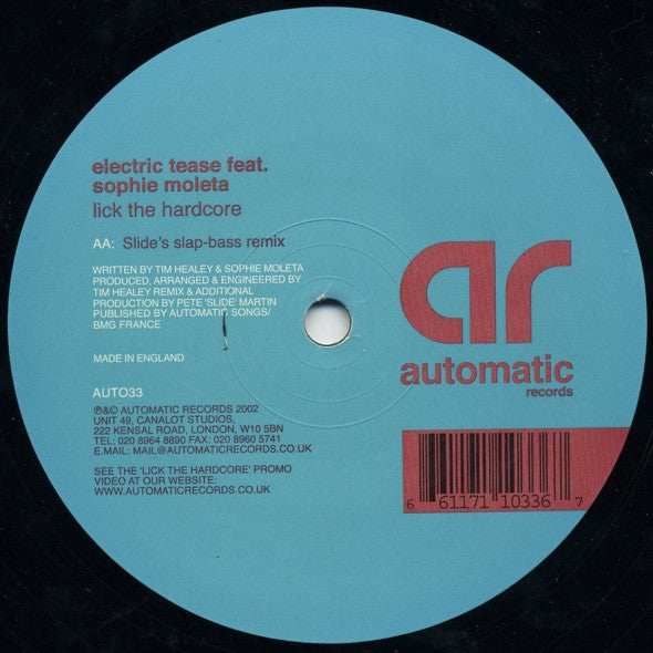 Electric Tease Feat. Sophie Moleta - Lick The Hardcore - VG+ 12" Single 2002 Automatic Records UK Vinyl - Progressive House / Tribal / Dark - Shuga Records