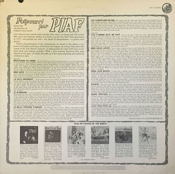 Edith Piaf - Potpourri Par Piaf - VG+ LP Record 1961 Capitol USA Stereo Original Vinyl - Pop / Chanson - Shuga Records