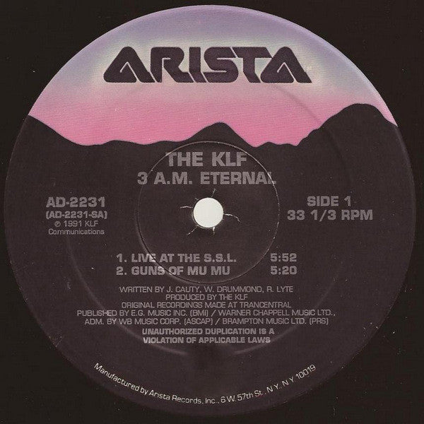 The KLF - 3 A.M. Eternal (Live At The S.S.L.) - Mint- 12" Single Record 1991 Arista USA Promo Vinyl - House / Hip Hop / Dub - Shuga Records