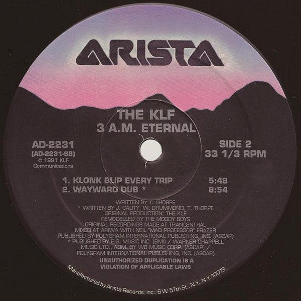 The KLF - 3 A.M. Eternal (Live At The S.S.L.) - Mint- 12" Single Record 1991 Arista USA Promo Vinyl - House / Hip Hop / Dub - Shuga Records