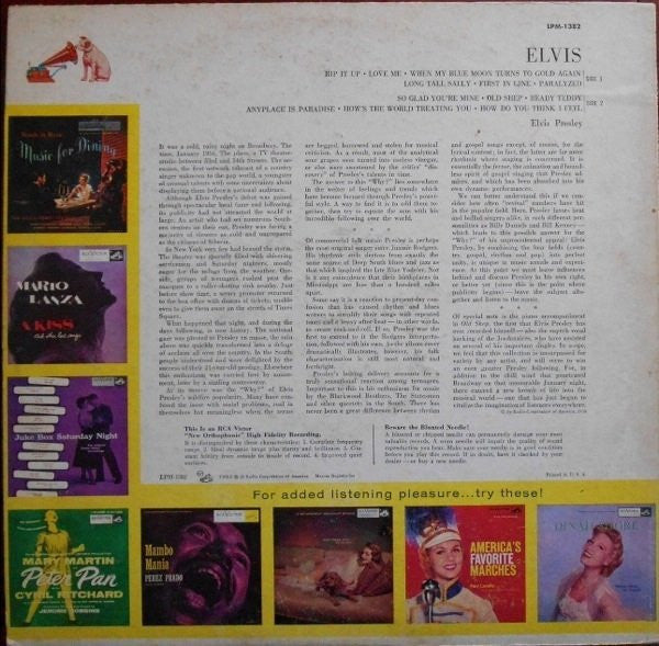 Elvis Presley - Elvis - VG LP Record 1956 RCA Victor USA Mono Original Vinyl & RARE Ad-back rear sleeve states "For added listening pleasure... try these!" in yellow - Rock & Roll / Pop Rock - Shuga Records