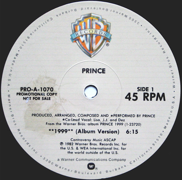 Prince - 1999 - VG+ 12" Single Record 1982 Warner USA Promo Vinyl - Funk / Minneapolis Sound - Shuga Records