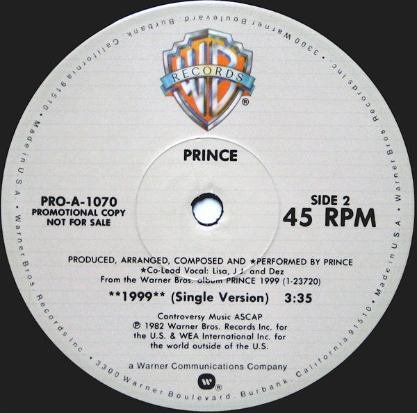 Prince - 1999 - VG+ 12" Single Record 1982 Warner USA Promo Vinyl - Funk / Minneapolis Sound - Shuga Records
