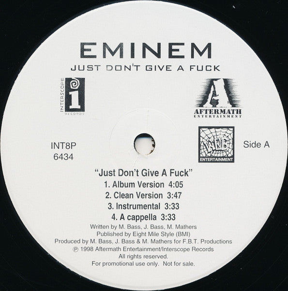 Eminem - Just Don't Give A Fuck / Brain Damage - VG 12" Single 1998 Aftermath Interscope USA Promo Vinyl - Hip Hop - Shuga Records
