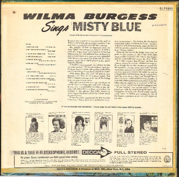 Wilma Burgess - Sings Misty Blue - VG+ LP Record 1967 USA Original Vinyl - Country - Shuga Records