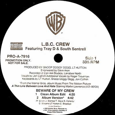 LBC Crew & Snoop Doggy Dogg - Beware Of My Crew - VG+ 12" Single Record 1995 Warner USA Promo Vinyl - Hip Hop / Gangsta Rap - Shuga Records
