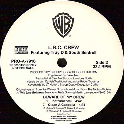 LBC Crew & Snoop Doggy Dogg - Beware Of My Crew - VG+ 12" Single Record 1995 Warner USA Promo Vinyl - Hip Hop / Gangsta Rap - Shuga Records