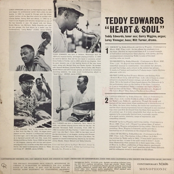 Teddy Edwards - Heart & Soul - VG LP Record (Low grade cover) 1962 Contemporary USA Mono Original Vinyl - Jazz / Soul-Jazz - Shuga Records