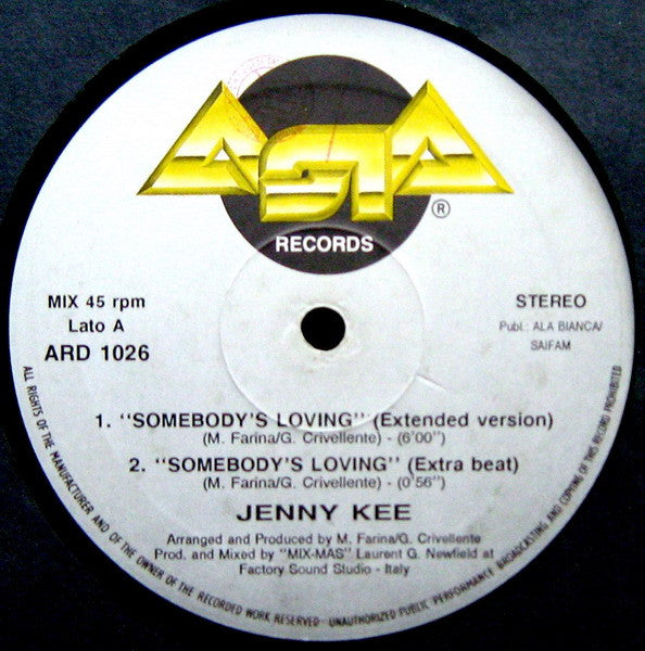 Jenny Kee - Somebody's Loving - VG+ 12" Single Record 1989 Asia Italy Vinyl - Hi NRG / Eurobeat / Italo Disco - Shuga Records