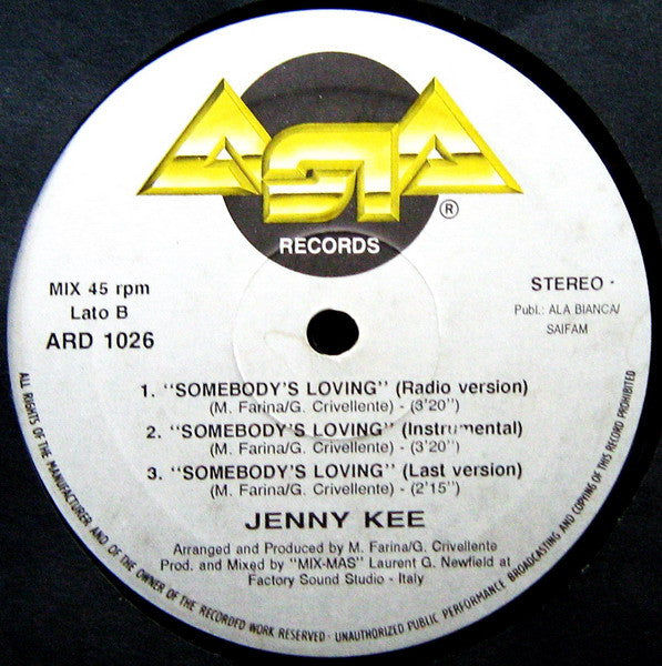 Jenny Kee - Somebody's Loving - VG+ 12" Single Record 1989 Asia Italy Vinyl - Hi NRG / Eurobeat / Italo Disco - Shuga Records