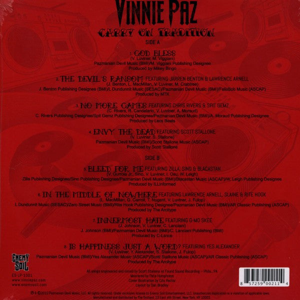 Vinnie Paz - Carry On Tradition - New LP Record 2013 Enemy Soil Red/Black Split Vinyl & Download - Hip Hop - Shuga Records