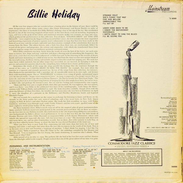 Billie Holiday - Commodore Jazz Classics - VG+ LP Record 1964 Mainstream Original Vinyl - Jazz / Vocal / Swing - Shuga Records
