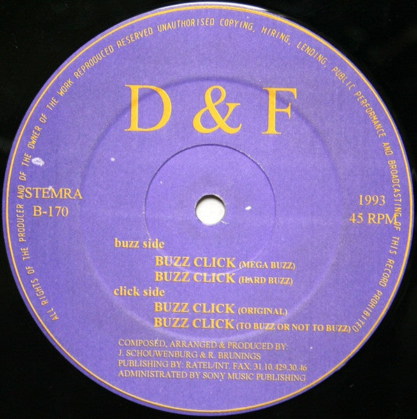 D & F - Buzz Click - VG+ 12" Single Record 1993 Brrr Netherlands Original RARE Vinyl - Breakbeat / Gabber / Hardcore - Shuga Records
