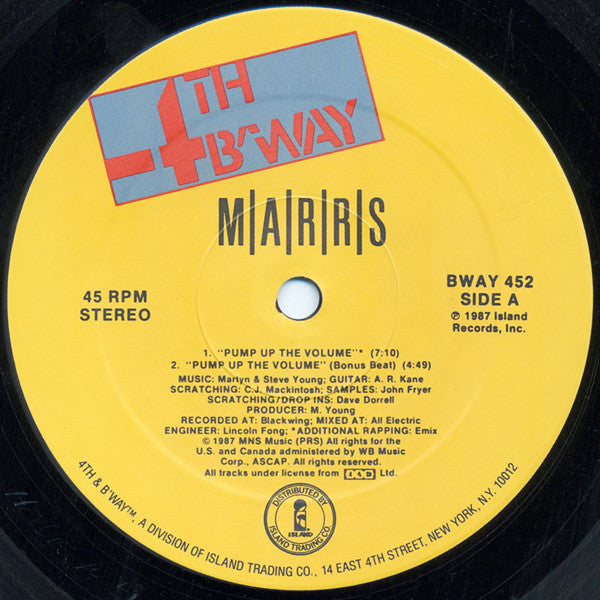 M|A|R|R|S - Pump Up The Volume - VG+ 12" Single Record 1987 4th & Broadway USA - House / Acid House - Shuga Records