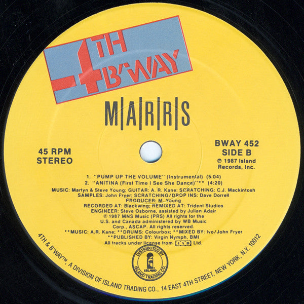 M|A|R|R|S - Pump Up The Volume - VG+ 12" Single Record 1987 4th & Broadway USA - House / Acid House - Shuga Records