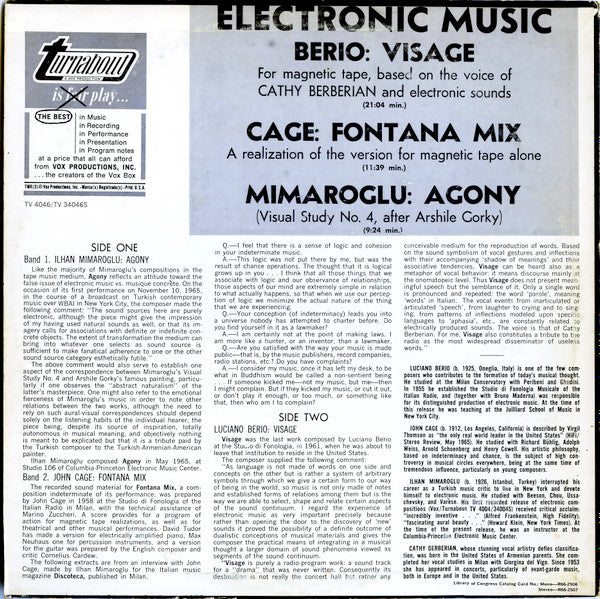 John Cage, Luciano Berio, Ilhan Mimaroglu - Electronic Music - Mint- LP Record 1967 Turnabout USA Original Vinyl - Electronic / Experimental / Modern Classical - Shuga Records