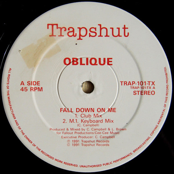 Oblique - Fall Down On Me - VG+ 12" Single Record 1991 Trapshut UK Vinyl - House - Shuga Records