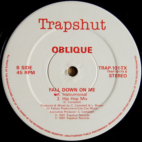 Oblique - Fall Down On Me - VG+ 12" Single Record 1991 Trapshut UK Vinyl - House - Shuga Records