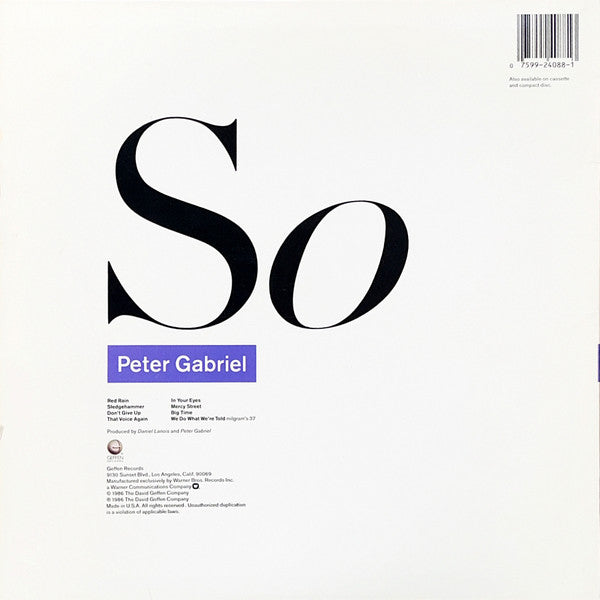Peter Gabriel - So - VG+ LP Record 1986 Geffen USA Original Vinyl - Pop Rock / Art Rock - Shuga Records