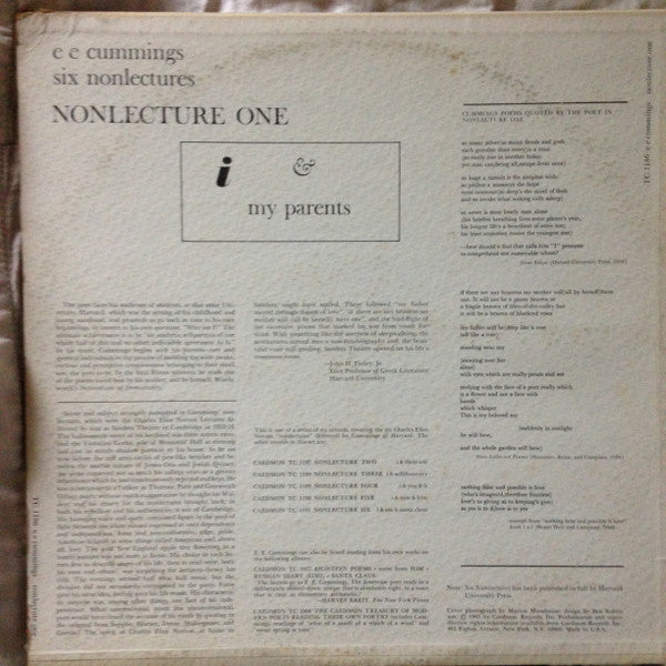 E. E. Cummings - Six Nonlectures: One (i & my parents) - VG+ LP Record 1965 Caedmon USA Original Vinyl - Spoken Word / Non-Music - Shuga Records