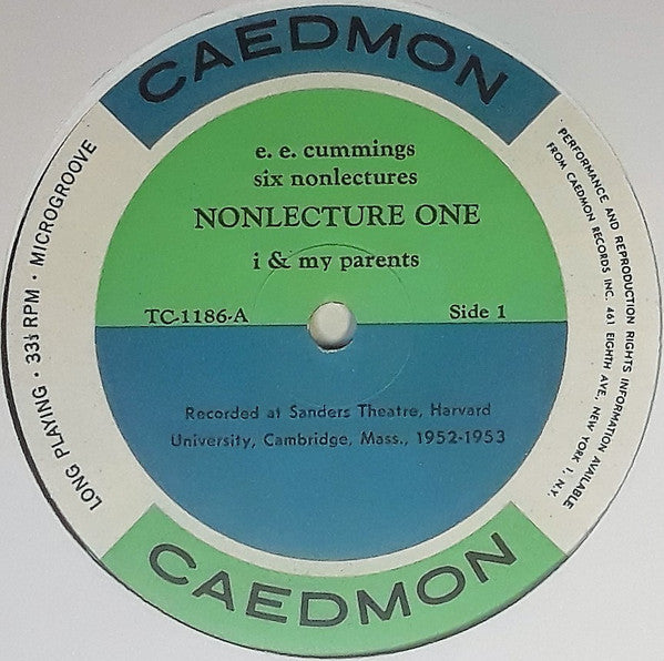 E. E. Cummings - Six Nonlectures: One (i & my parents) - VG+ LP Record 1965 Caedmon USA Original Vinyl - Spoken Word / Non-Music - Shuga Records