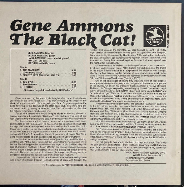 Gene Ammons - The Black Cat! - VG LP Record (VG- cover Low Grade) 1971 Prestige USA Stereo Vinyl - Jazz / Soul-Jazz - Shuga Records