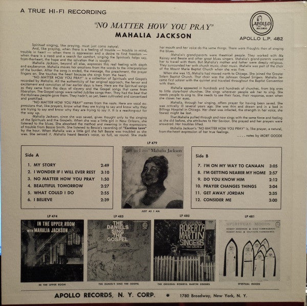Mahalia Jackson - No Matter How You Pray - VG LP Record 1959 Apollo USA Vinyl - Gospel / Soul - Shuga Records