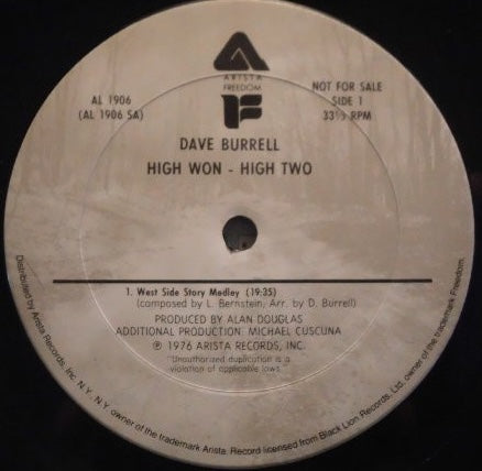 Dave Burrell - High Won - High Two - VG+ 2 LP Record 1976 Arista Freedom USA Promo Vinyl - Free Jazz - Shuga Records