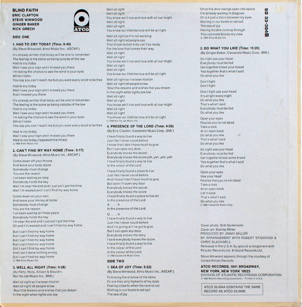 Blind Faith - Blind Faith - VG+ LP Record 1969 ATCO USA Original Vinyl (Terre Haute) - Psychedelic Rock / Blues Rock - Shuga Records