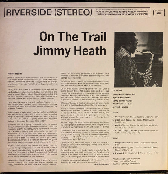 Jimmy Heath Quintet Featuring Kenny Burrell And Wynton Kelly – On The Trail - VG LP Record 965 Riverside USA Stereo Vinyl - Jazz / Hard Bop - Shuga Records