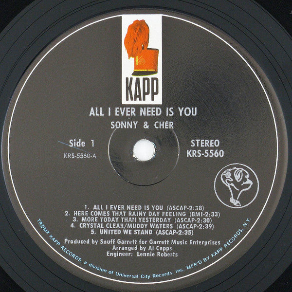 Sonny & Cher - All I Ever Need Is You - VG+ LP Record 1972 Kapp USA Vinyl - Pop Rock / Folk Rock - Shuga Records